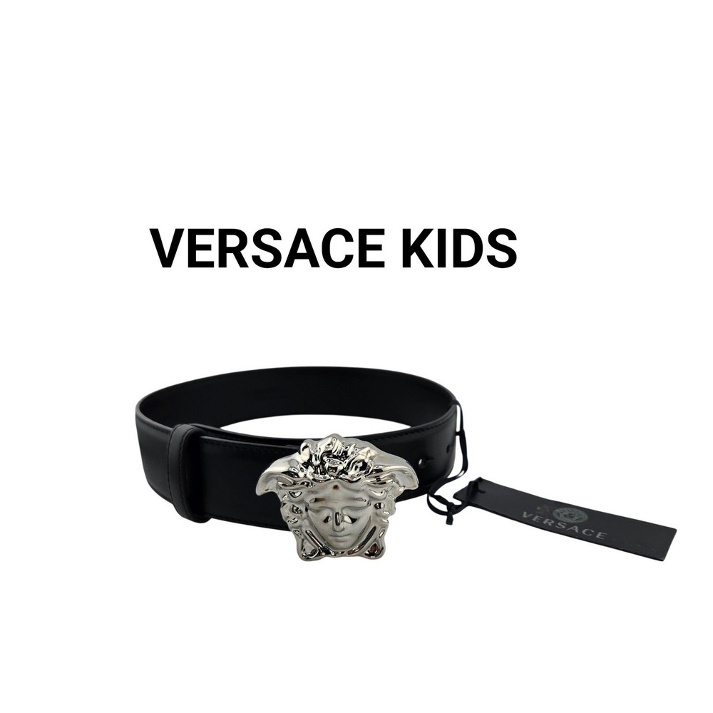 Versace Kids Black Leather Medusa Buckle Belt Silver Hardware DCDD259 55/22